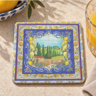 Summer Italian Blue Majolica Tile Citrus Stone Coaster