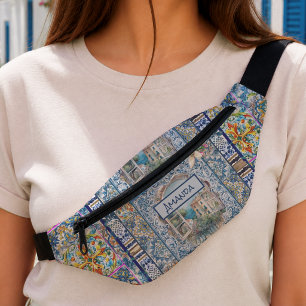 Summer Italian Floral Blue Tile Citrus Monogram Bum Bags