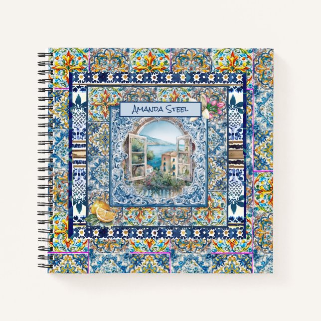 Summer Italian Floral Blue Tile Citrus Monogram Notebook (Front)