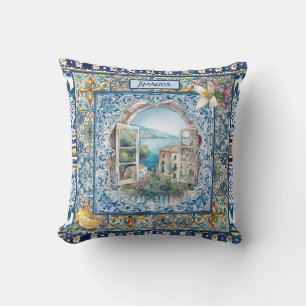 summer italian floral blue tiles citrus monogram cushion