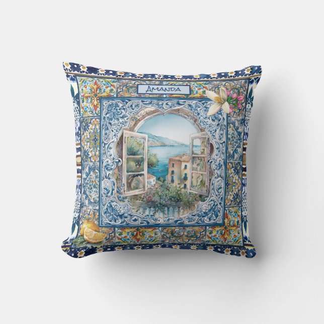 summer italian floral blue tiles citrus monogram cushion (Front)
