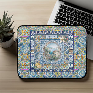 summer italian floral blue tiles citrus monogram laptop sleeve