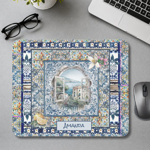 summer italian floral blue tiles citrus monogram mouse pad