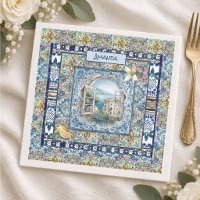 summer italian floral blue tiles citrus monogram