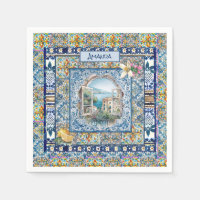 summer italian floral blue tiles citrus monogram