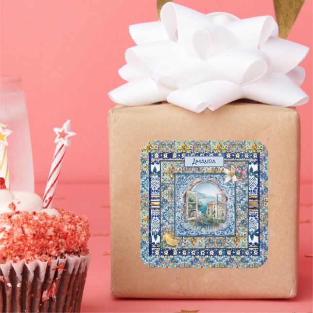 summer italian floral blue tiles citrus monogram square sticker (Party)