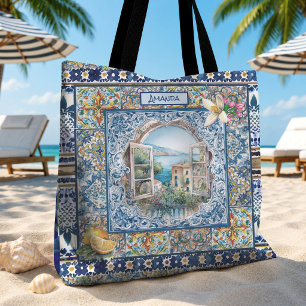 summer italian floral blue tiles citrus monogram tote bag