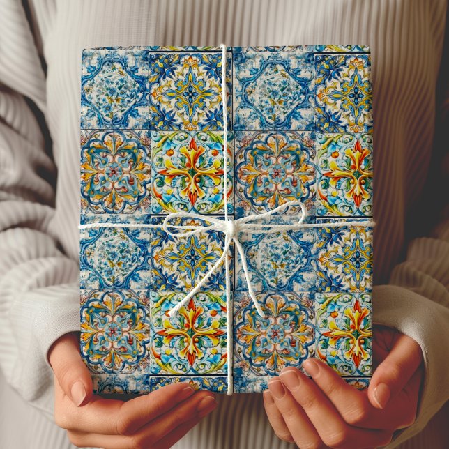 summer italian floral blue tiles citrus wrapping paper (Creator Uploaded)