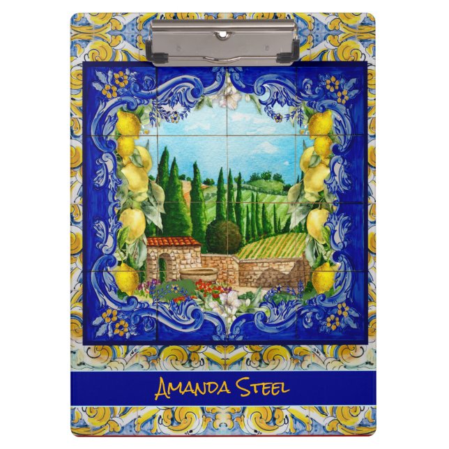 summer italian Majolica blue tiles citrus monogram Clipboard (Front)