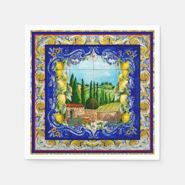 summer italian Majolica blue tiles citrus Napkin (Front)