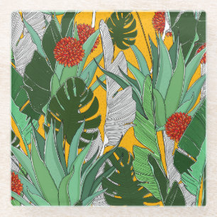 Summer Jungle: Bright Palm Pattern. Glass Coaster