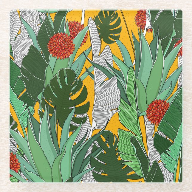 Summer Jungle: Bright Palm Pattern. Glass Coaster (Front)