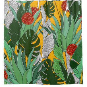 Summer Jungle: Bright Palm Pattern. Shower Curtain