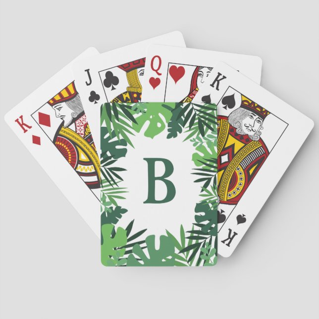 Summer jungle tropical palm leaves monogram playing cards (Back)