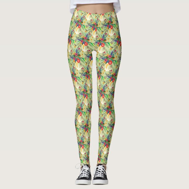 Summer Jungle Tropical Parrot Flowers Blossom Leggings (Front)