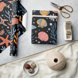 Summer Kid's Birthday Seashells Coral Black Wrapping Paper