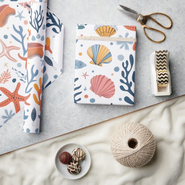 Summer Kid's Birthday Seashells Coral Wrapping Paper (Crafts)