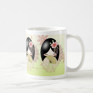 Summer Kokeshi Doll In Delicate Green And Pink Mug