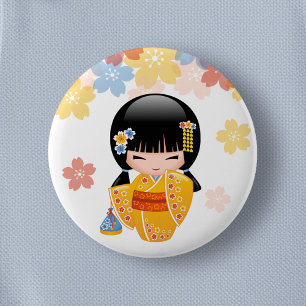 Summer Kokeshi Doll - Yellow Kimono Geisha Girl 6 Cm Round Badge