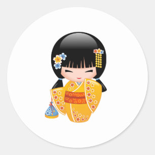 Summer Kokeshi Doll - Yellow Kimono Geisha Girl Classic Round Sticker