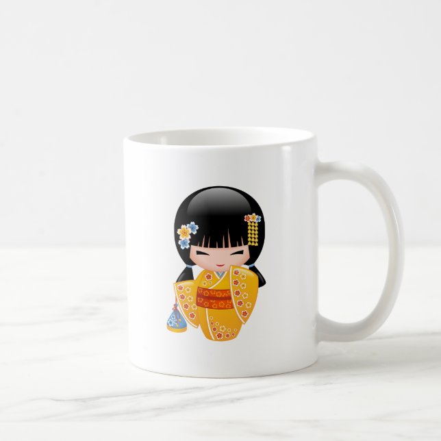 Summer Kokeshi Doll - Yellow Kimono Geisha Girl Co Coffee Mug (Right)