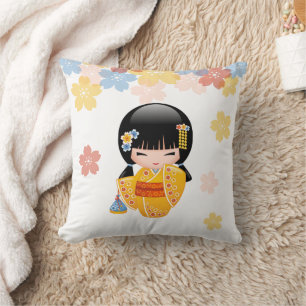 Summer Kokeshi Doll - Yellow Kimono Geisha Girl Cushion