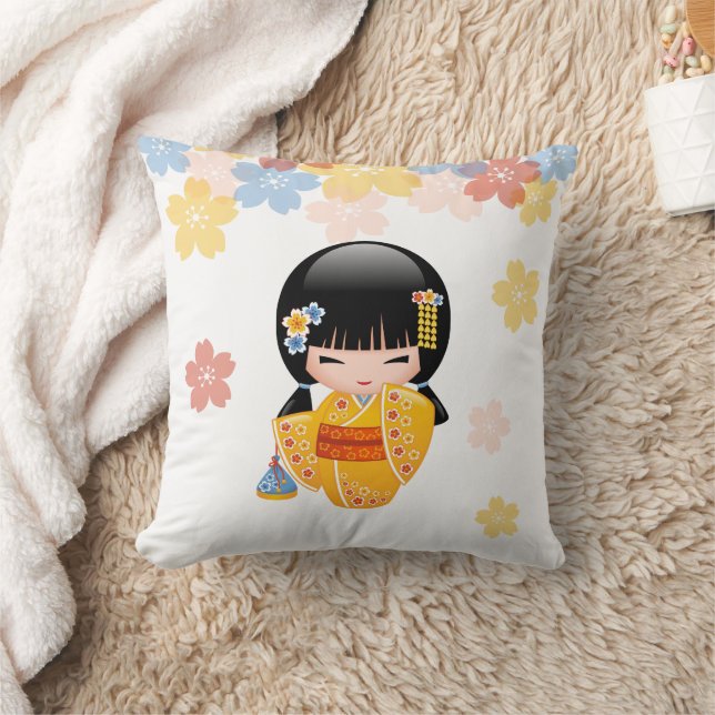 Summer Kokeshi Doll - Yellow Kimono Geisha Girl Cushion (Blanket)