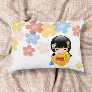 Summer Kokeshi Doll - Yellow Kimono Geisha Girl Decorative Cushion