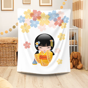 Summer Kokeshi Doll - Yellow Kimono Geisha Girl Fleece Blanket