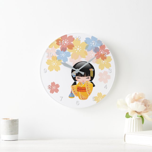 Summer Kokeshi Doll - Yellow Kimono Geisha Girl La Large Clock (Home)