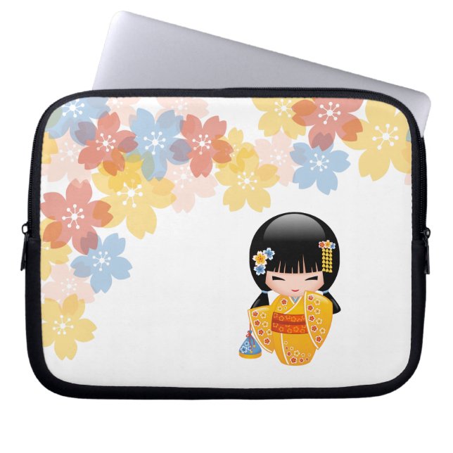 Summer Kokeshi Doll - Yellow Kimono Geisha Girl Laptop Sleeve (Front)