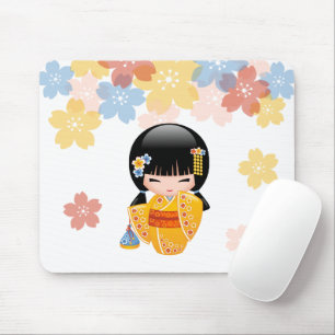 Summer Kokeshi Doll - Yellow Kimono Geisha Girl Mouse Pad