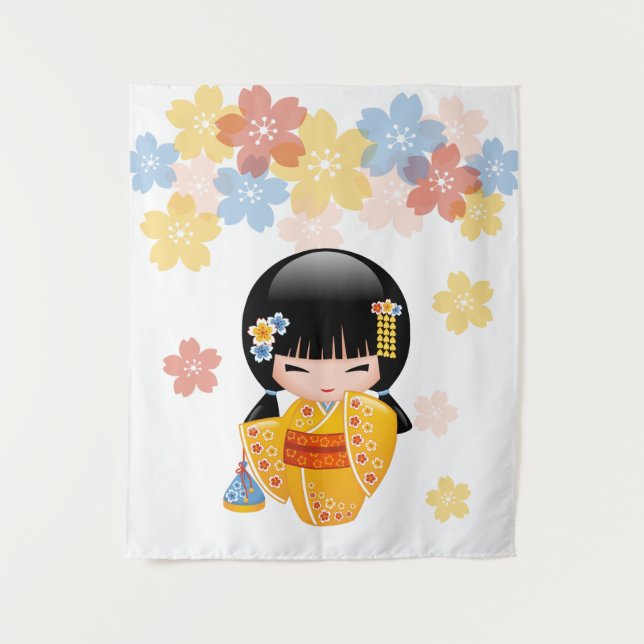 Summer Kokeshi Doll - Yellow Kimono Geisha Girl Tapestry (Front)
