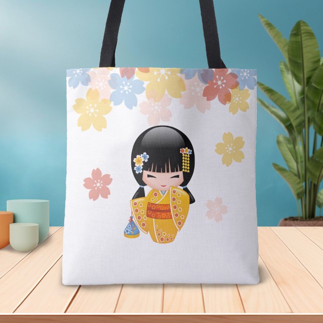 Summer Kokeshi Doll - Yellow Kimono Geisha Girl Tote Bag (Creator Uploaded)