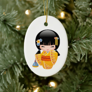 Summer Kokeshi Doll - Yellow Kimono Girl Ceramic Ornament