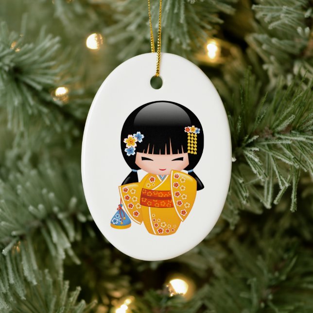 Summer Kokeshi Doll - Yellow Kimono Girl Ceramic Ornament (Tree)