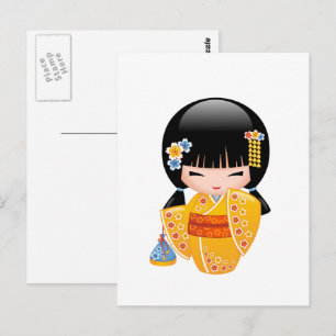 Summer Kokeshi Doll - Yellow Kimono Girl Postcard