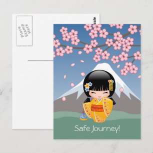 Summer Kokeshi Doll - Yellow Kimono Safe Journey Postcard