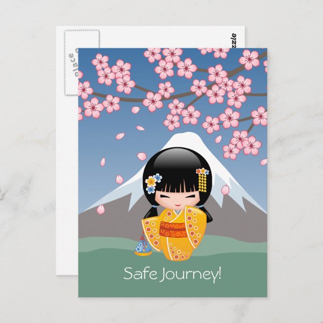 Summer Kokeshi Doll - Yellow Kimono Safe Journey Postcard (Front/Back)