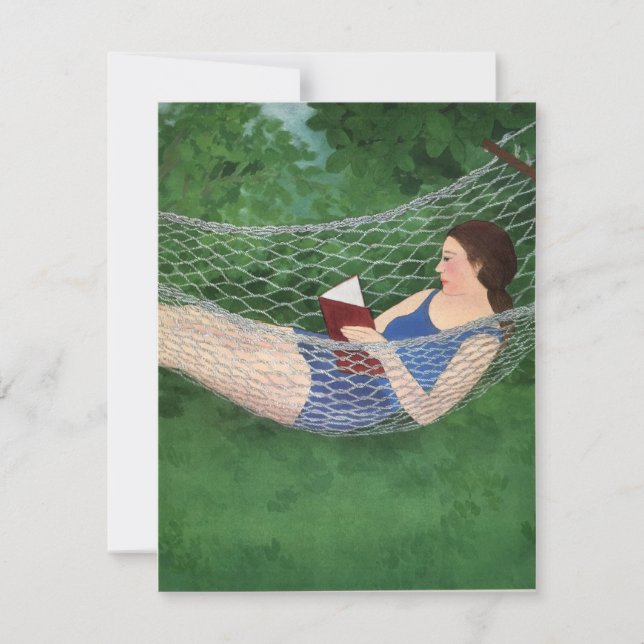 Summer lady reading book in hammock announcement (Front)