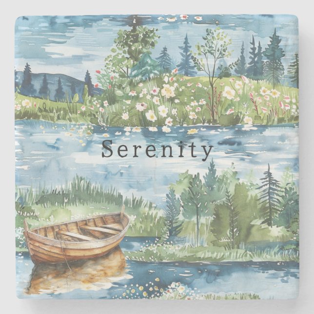 Summer Lake Boat Flowers Serenity Stone Coaster (Front)