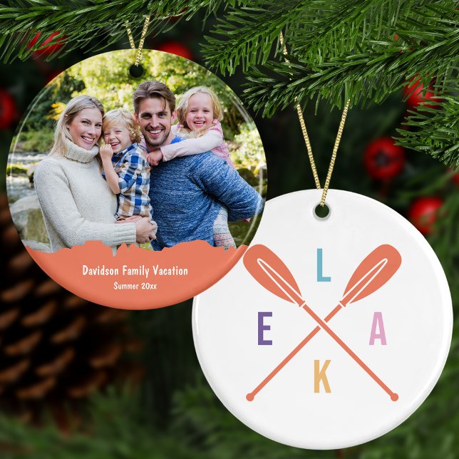 Summer Lake Paddles Custom Text + Photo Christmas Ceramic Ornament (Add a photo and text for a special family vacation keepsake! Also available in green and red.)