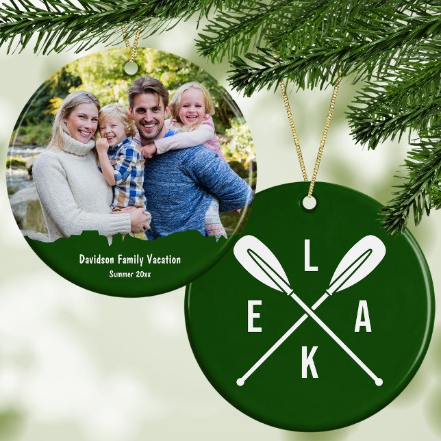 Summer Lake Paddles Text + Photo Green Christmas Ceramic Ornament (This custom keepsake is also available in red and pastel pink colors.)