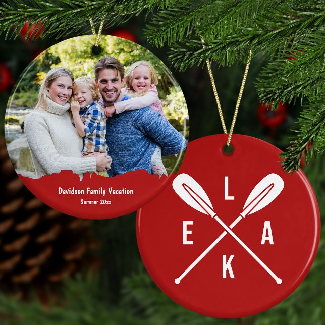Summer Lake Paddles Text + Photo Red Christmas Ceramic Ornament (This custom keepsake is also available in green and pastel pink colors.)