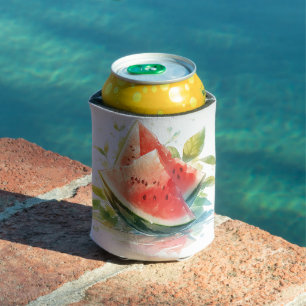 Summer Leaves With Watercolor Watermelon Can Cooler