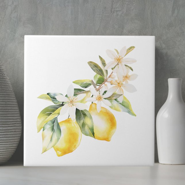 Summer Lemon and Flowers Botanical Tree Branch Ceramic Tile (Close up)