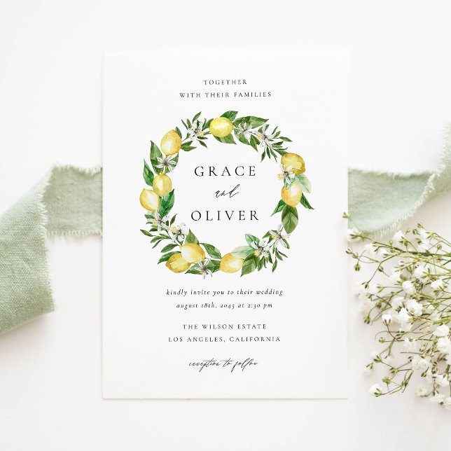 Summer Lemon and Greenery Wreath QR Code Wedding Invitation Postcard ( Customizable QR Code Wedding Invitation Postcard with Watercolor Lemons, Blossoms & Greenery)