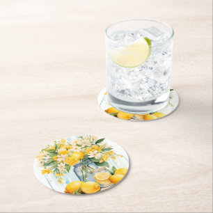Summer Lemon Blossom Jar Round Paper Coaster