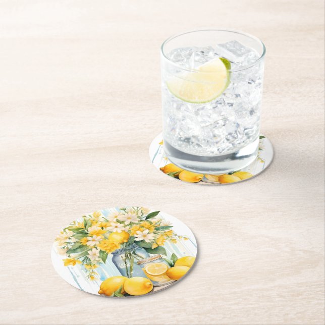 Summer Lemon Blossom Jar Round Paper Coaster (Insitu)