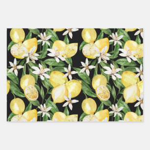 Summer Lemon blossom pattern on black Wrapping Paper Sheet